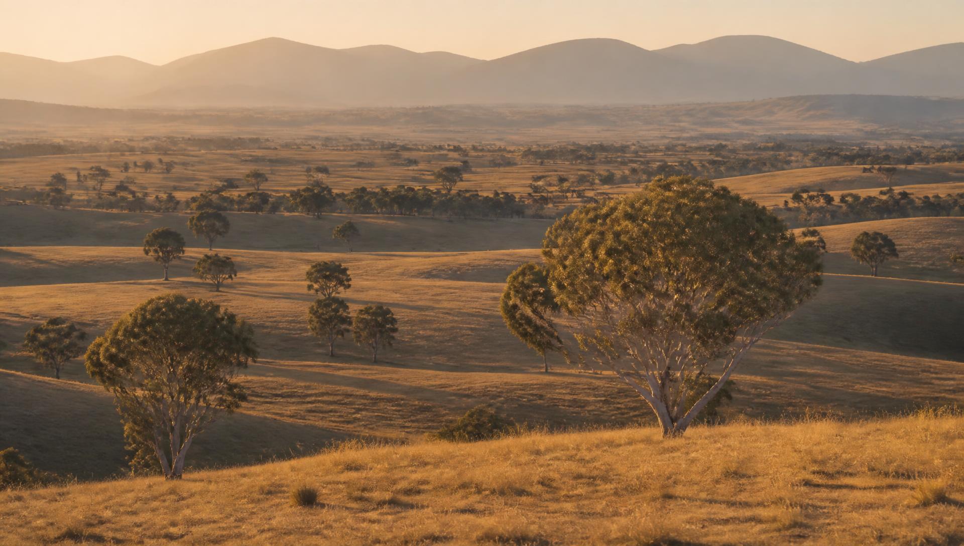 Golden grazing country at sunset with scattered gum trees